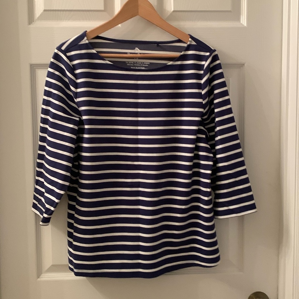 Tommy Bahama Top Striped Navy/White Sz L 3/4 Sleeves Cotton/Nylon/Spandex